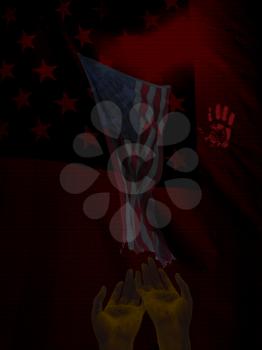 Pray for USA. American flag and bloody handprint. 3D rendering