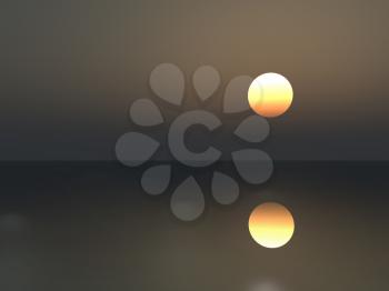 Sun over sea. Reflection on water surface. 3D rendering