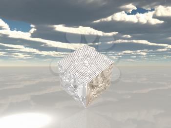 Maze cube hovers in empty landscape. 3D rendering.