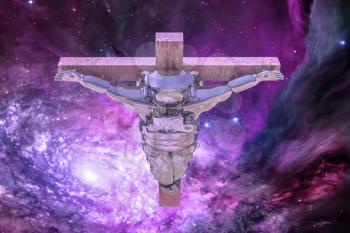 Crucified astronaut in deep space. 3D rendering.