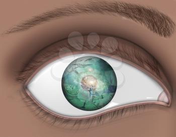 Eye reflection. Dancer, winged clocks and galaxy. 3D rendering.
