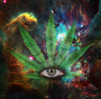 Marijuana leaf and eye in vivid space. 3D rendering.