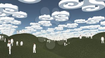 Men in business suit gathered on surreal landscape. Swirling clouds in the sky. 3D rendering