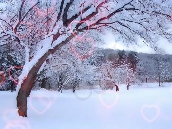 Snow and trees in wintry landscape. Heart-shaped lights. 3D rendering