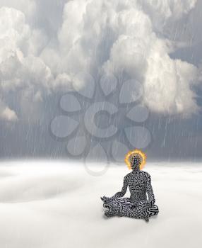 Man with maze pattern and burning halo meditates in white landscape. 3D rendering