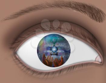 Eye reflection. Open hands and hourglass. 3D rendering.