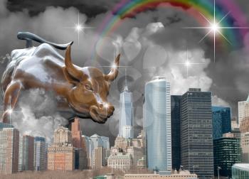 Charging bull statue. NYC. Abstract painting. 3D rendering