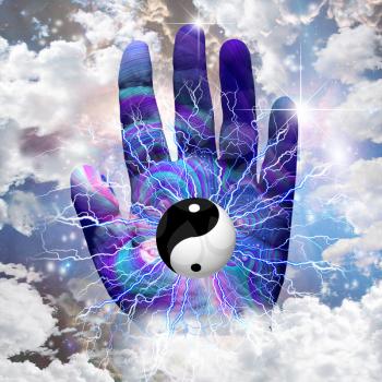 Yin yang hand. Spiritual composition. 3D rendering.