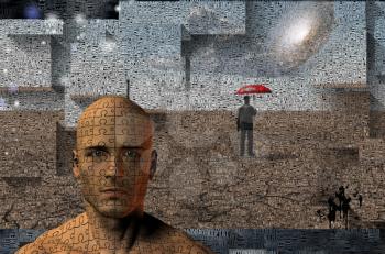 Waiting for the rain. Man with umbrella in desolate landscape. Man's face composed of puzzle pieces. Surreal composition with words pattern and square elements. 3D rendering.
