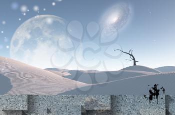 Desert of silence. Surreal composition with words patterns and square elements. 3D rendering.