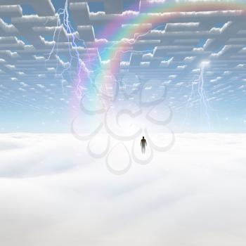 Lonely man in surreal landscape with maze clouds. 3D rendering.