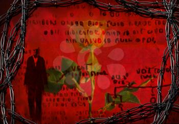 Red rose and barbed wire frame. Skeleton and mysterious script. 3D rendering.