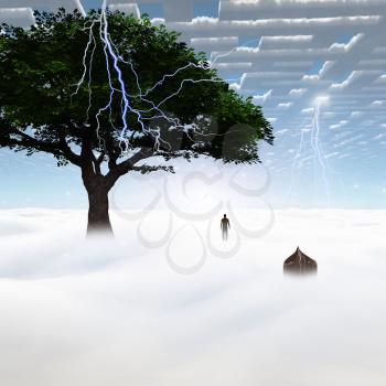 Escape from reality. Lonely man in surreal landscape with maze clouds. 3D rendering