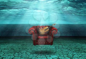 Armchair and violin float in underwater desert ruins. 3D rendering.