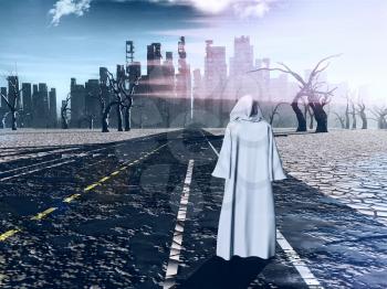 Traveler standing before destroyed city. Apocalyptic scene. 3D rendering