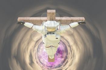 Crucified astronaut in tunnel of clouds. 3D rendering.