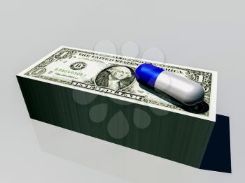 Stack of currency with capsule. 3D rendering