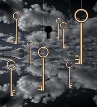 Keys hanging in cloud sky. 3D rendering.