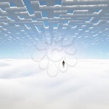 Lonely man in surreal landscape with clouds. 3D rendering.