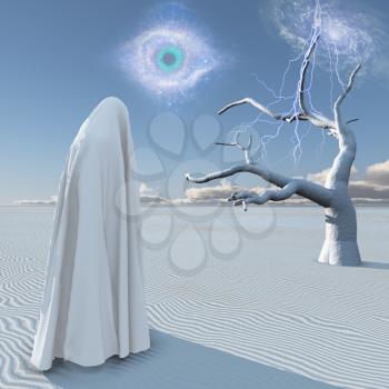 Planet zen. Figure under white cloth stands in surreal desert. 3D rendering.