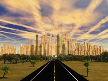 Road to city under alien sky. 3D rendering