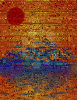 Red sun above water. 3D rendering