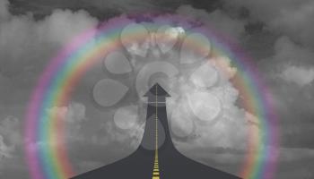 Highway to sky in arrow shape and rainbow. 3D rendering