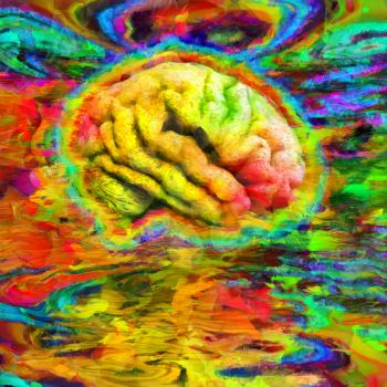 Abstract painting. Humans brain in acid colors. 3D rendering