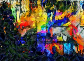 Abstract painting. Green leafs and colorful brush strokes. 3D rendering