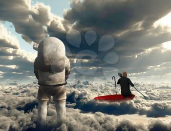 Surreal painting. Man floats in red umbrella. Figure of astronaut. 3D rendering