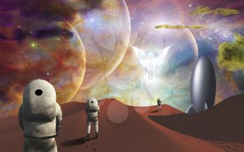 Astronauts on alien planet and their rocket ship greeted by angelic glowing winged figure. 3D rendering