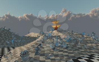 Sailing ship creast on chessboard desert dune. 3D rendering