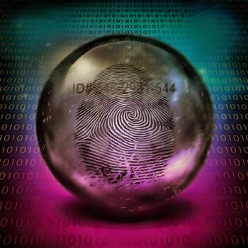 Surrealism. Finger print in crystal ball, binary code on background. 3D rendering