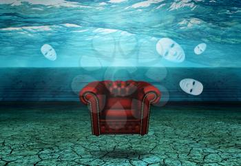White Mask and armchair floats in desert ruins. 3D rendering