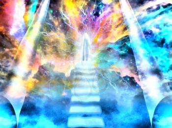 Surreal painting. Figure in white cloak walks on a stairway to heaven in colorful sky. 3D rendering