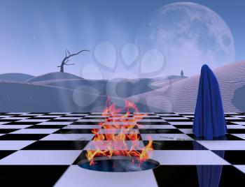 Surrealism. Chessboard with burning portal to another dimension. Lonely man in a distance. Figure of man covered by purple cloth. White sand dune, giant moon at the horizon. 3D rendering