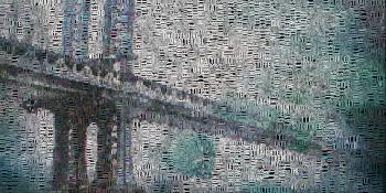 Manhattan bridge abstract. Image composed entitely of words. 3D rendering