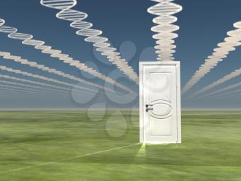 White door. Clouds in DNA chain shape. 3D rendering