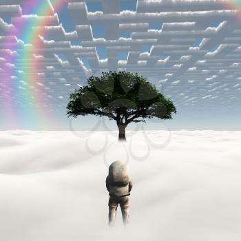 Spaceman under the maze of clouds. Green tree. 3D rendering