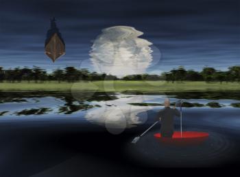 Moonrise over Lake. Man floating in red umbrella. 3D rendering