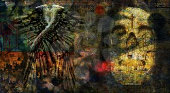 Spiritual Dark Art with Wings and Skull. 3D rendering