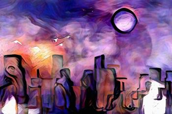 Colorful abstract painting. Dream city under mystic moon. 3D rendering