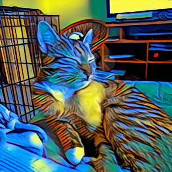 Digital painting in vivid colors. Cute kitten. 3D rendering