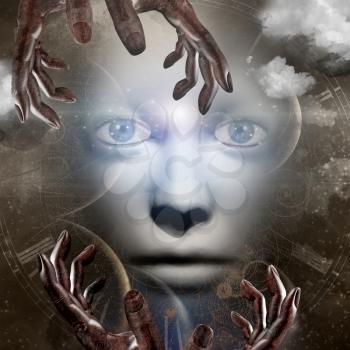 Human face with hands and universe in sepia. 3D rendering