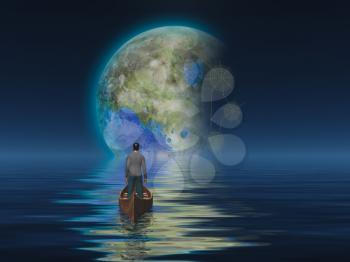 Man in boat on water surface against the planet. 3D rendering