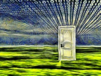 Surreal painting. White door stands on a green surface. Binary code in the sky. 3D rendering