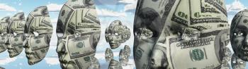 Surreal digital art. Womans masks with dollars pattern hovers in cloudy sky. 3D rendering