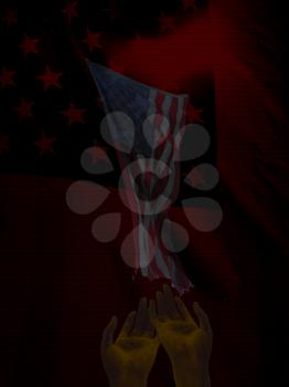 Symbolic composition. Praying hands and USA national flag. 3D rendering