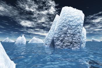 Ice Bergs in ocean. 3D rendering