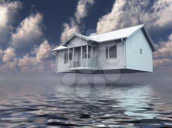 Home hovers above water. 3D rendering